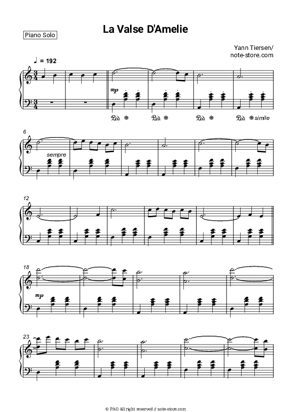 La Valse D'Amelie - Yann Tiersen Piano Sheet Music - Piano.Solo