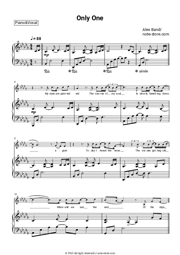 Only one - Alex Band Piano Sheet Music with the Voice part - Piano&Vocal