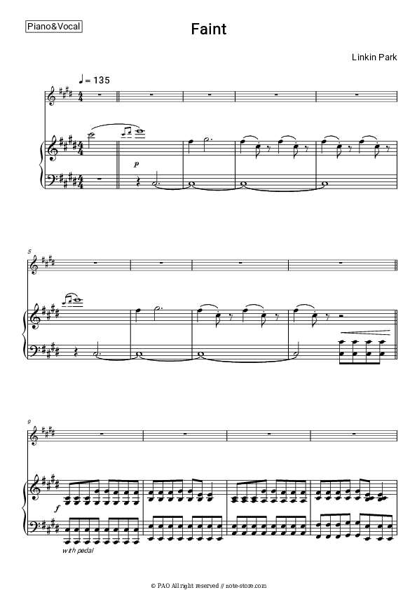 Faint - Linkin Park Piano Sheet Music with the Voice part - Piano&Vocal