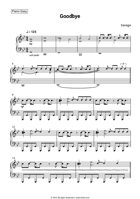 Goodbye - Savage Piano Sheet Music Easy - Piano.Easy