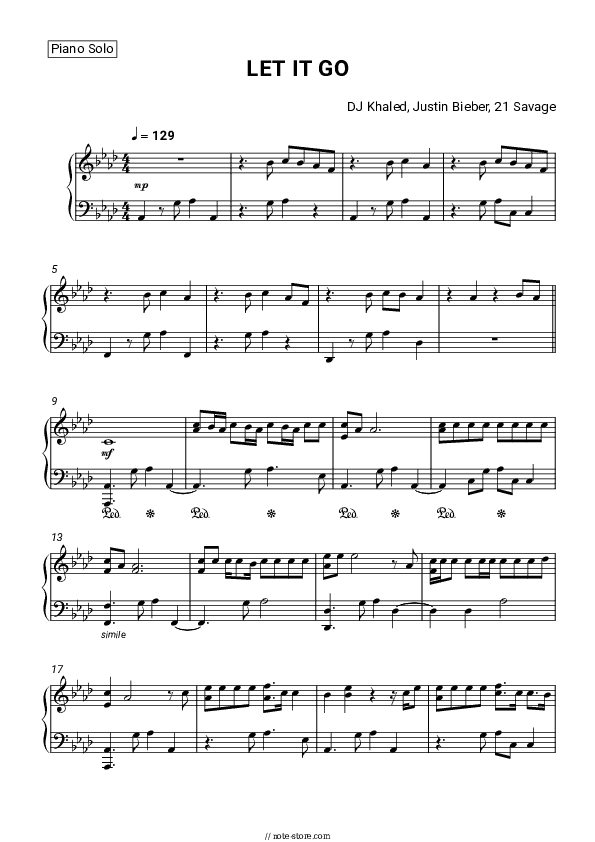 LET IT GO - DJ Khaled, Justin Bieber, 21 Savage Piano Sheet Music - Piano.Solo