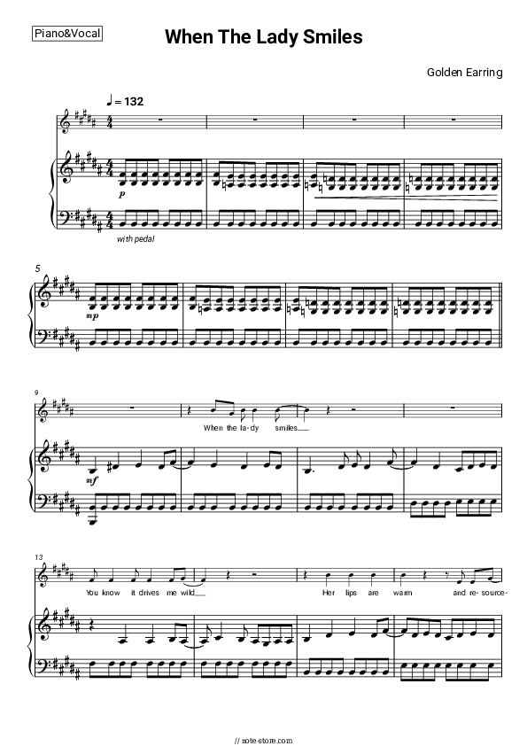 When The Lady Smiles - Golden Earring Piano Sheet Music with the Voice part - Piano&Vocal