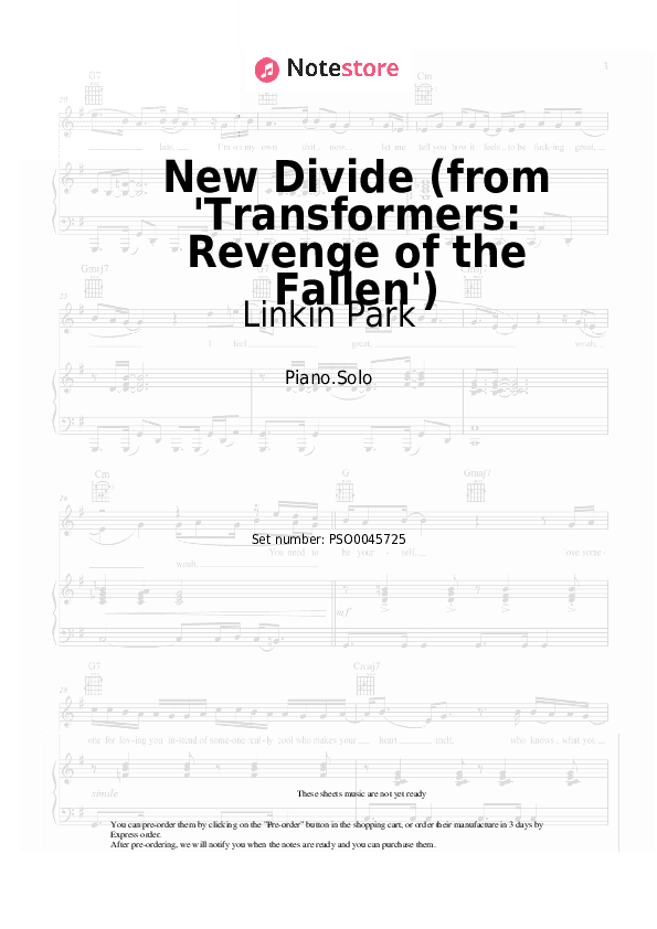 New Divide (from 'Transformers: Revenge of the Fallen') - Linkin Park Piano Sheet Music - Piano.Solo