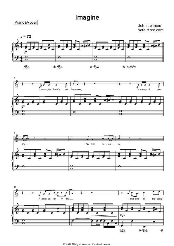 Imagine - John Lennon Piano Sheet Music with the Voice part - Piano&Vocal