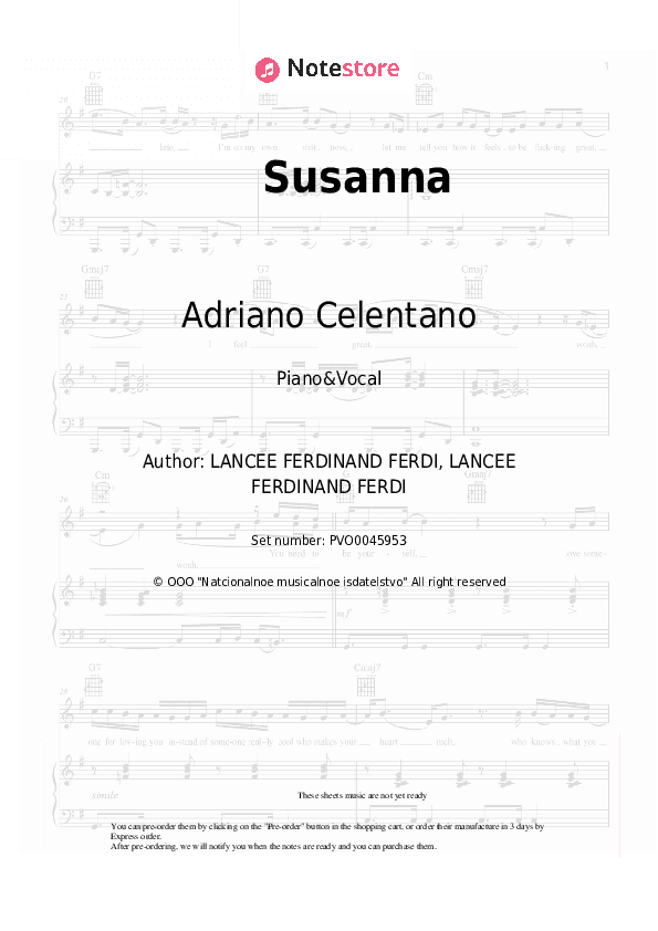 Susanna - Adriano Celentano Piano Sheet Music with the Voice part - Piano&Vocal
