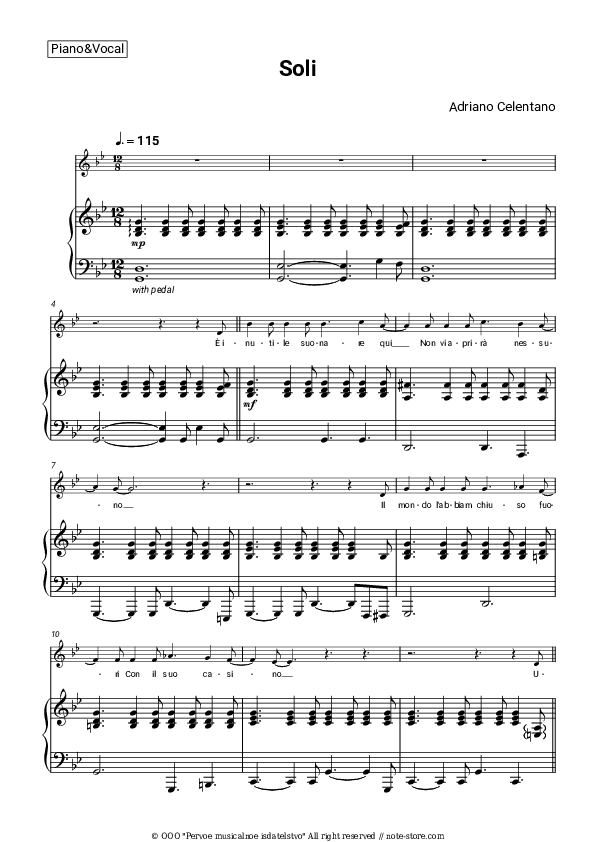 Soli - Adriano Celentano Piano Sheet Music with the Voice part - Piano&Vocal