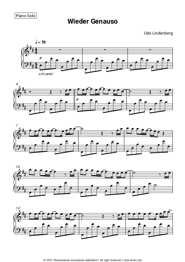 Wieder genauso - Udo Lindenberg Piano Sheet Music - Piano.Solo