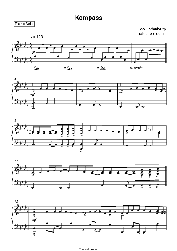 Kompass - Udo Lindenberg Piano Sheet Music - Piano.Solo
