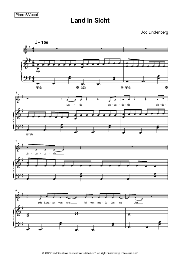 Land in Sicht - Udo Lindenberg Piano Sheet Music with the Voice part - Piano&Vocal