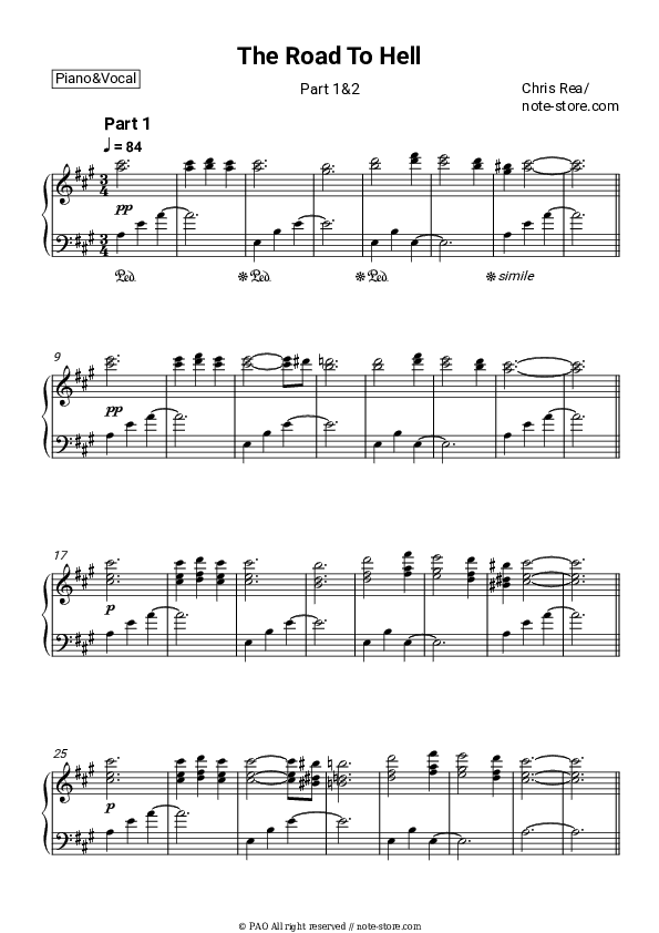 The Road To Hell - Chris Rea Piano Sheet Music with the Voice part - Piano&Vocal