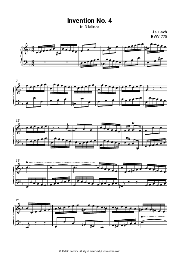 Invention No. 4 in D minor, BWV 775 - Johann Sebastian Bach Piano Sheet Music - Piano.Solo