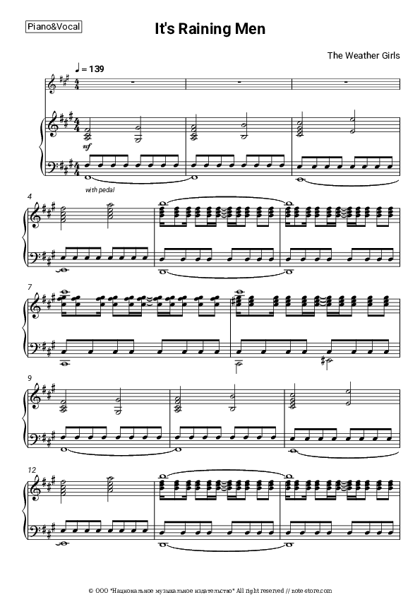 It's Raining Men - The Weather Girls Piano Sheet Music with the Voice part - Piano&Vocal