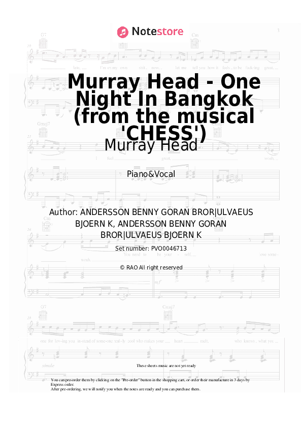 Murray Head - One Night In Bangkok (from the musical 'CHESS') - Murray Head Piano Sheet Music with the Voice part - Piano&Vocal