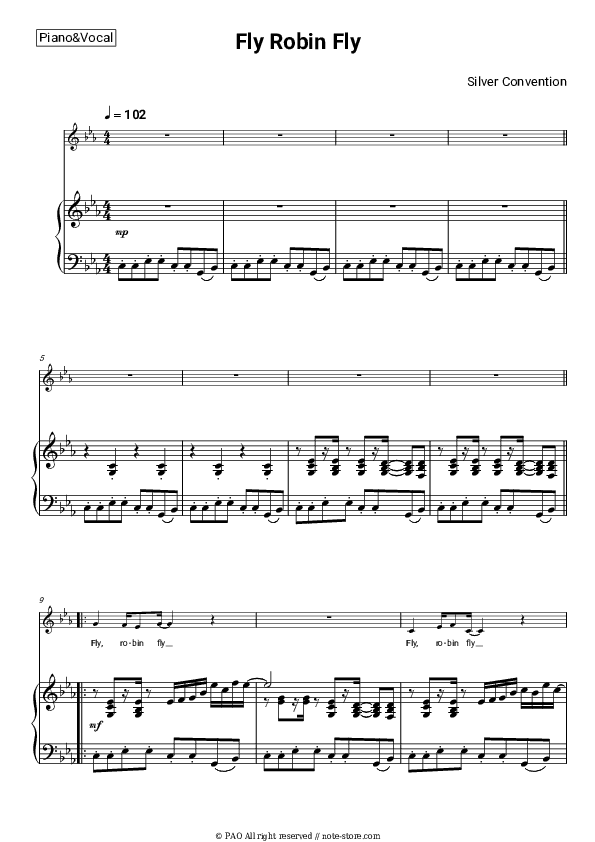 Fly Robin Fly - Silver Convention Piano Sheet Music with the Voice part - Piano&Vocal