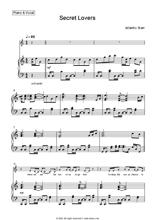 Secret Lovers - Atlantic Starr Piano Sheet Music with the Voice part - Piano&Vocal