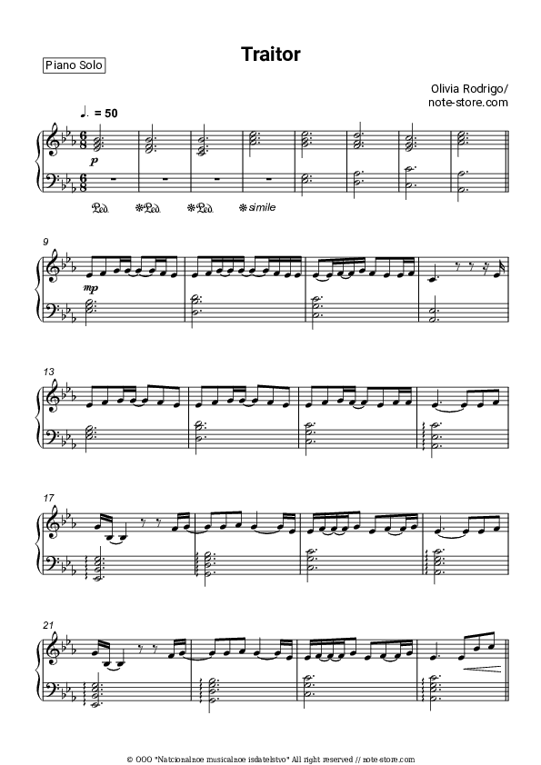 traitor - Olivia Rodrigo Piano Sheet Music - Piano.Solo