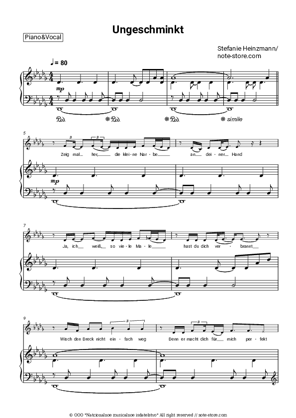 Ungeschminkt - Stefanie Heinzmann Piano Sheet Music with the Voice part - Piano&Vocal