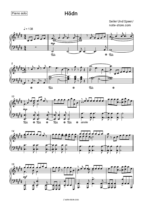 Hödn - Seiler Und Speer Piano Sheet Music - Piano.Solo