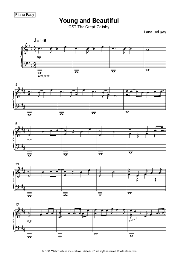 Young and Beautiful (OST The Great Gatsby) - Lana Del Rey Piano Sheet Music Easy - Piano.Easy