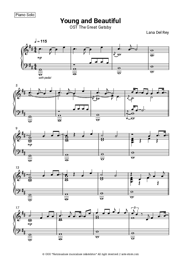 Young and Beautiful (OST The Great Gatsby) - Lana Del Rey Piano Sheet Music - Piano.Solo