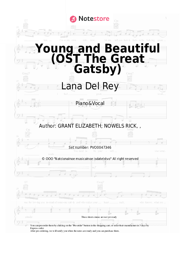 Young and Beautiful (OST The Great Gatsby) - Lana Del Rey Piano Sheet Music with the Voice part - Piano&Vocal