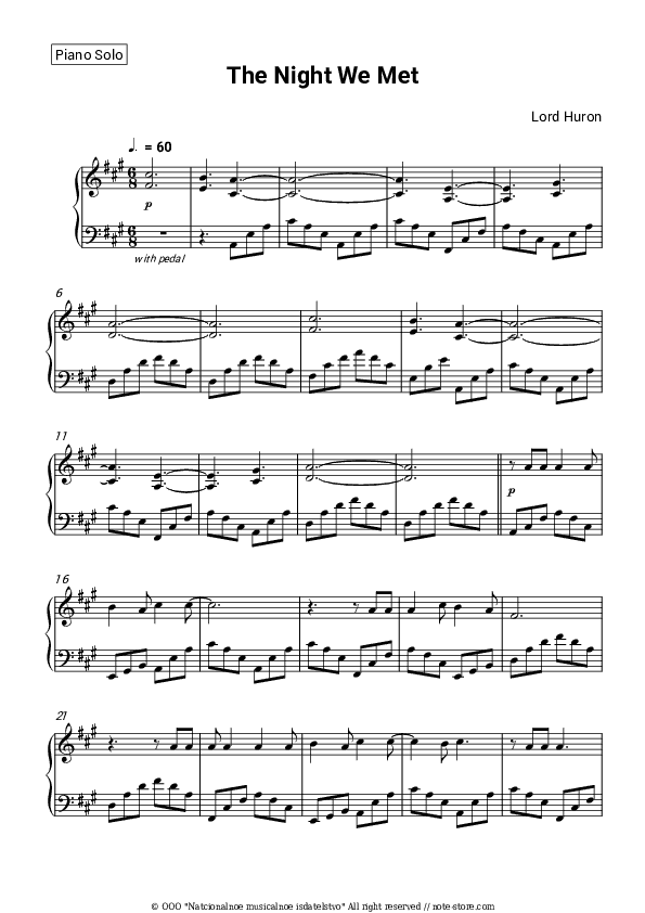 The Night We Met - Lord Huron Piano Sheet Music - Piano.Solo