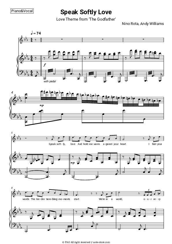 Speak Softly Love (Love Theme from 'The Godfather') - Nino Rota, Andy Williams Piano Sheet Music with the Voice part - Piano&Vocal