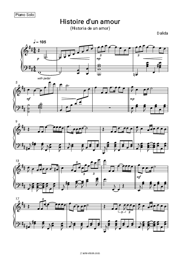 Histoire d'un amour (Historia de un amor) - Dalida Piano Sheet Music - Piano.Solo