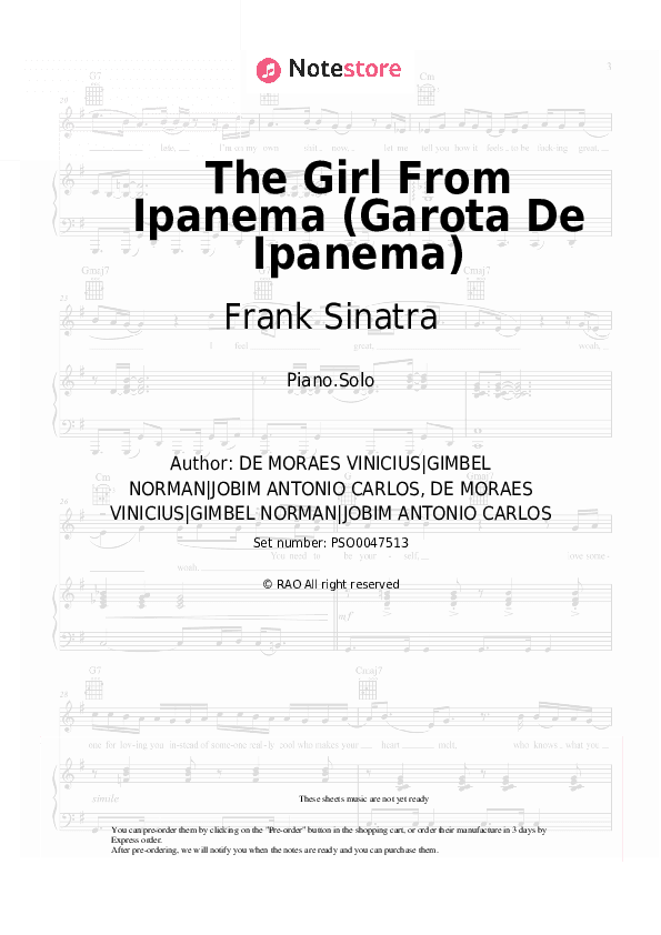 The Girl From Ipanema (Garota De Ipanema) - Frank Sinatra, Antonio Carlos Jobim Piano Sheet Music - Piano.Solo