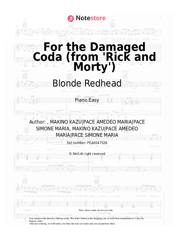 For the Damaged Coda (from 'Rick and Morty') - Blonde Redhead Piano Sheet Music Easy - Piano.Easy
