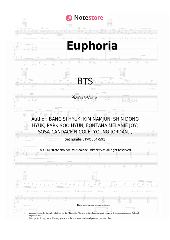 Euphoria - BTS Piano Sheet Music with the Voice part - Piano&Vocal