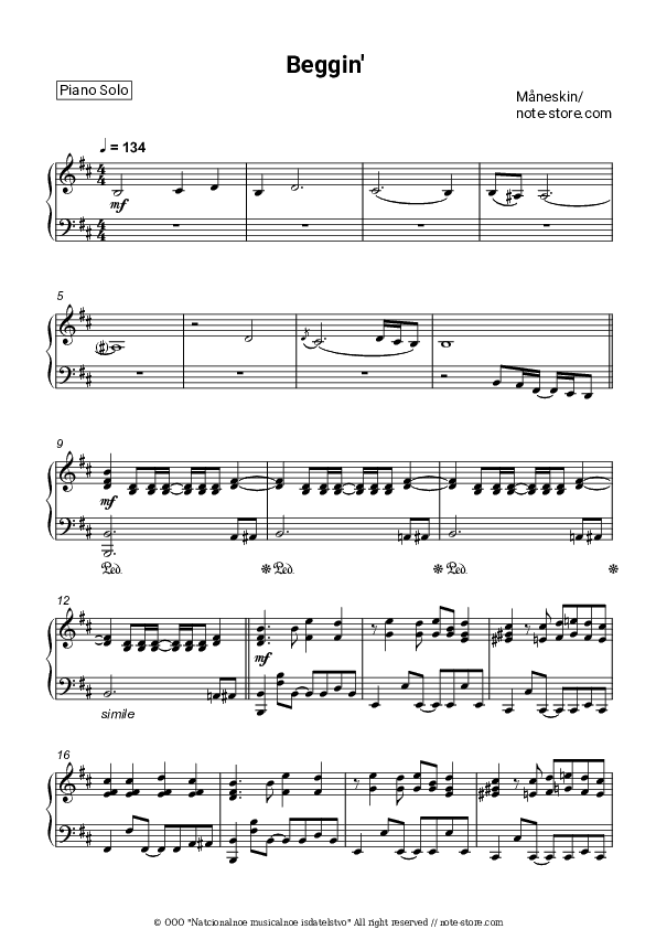 Beggin - Måneskin Piano Sheet Music - Piano.Solo
