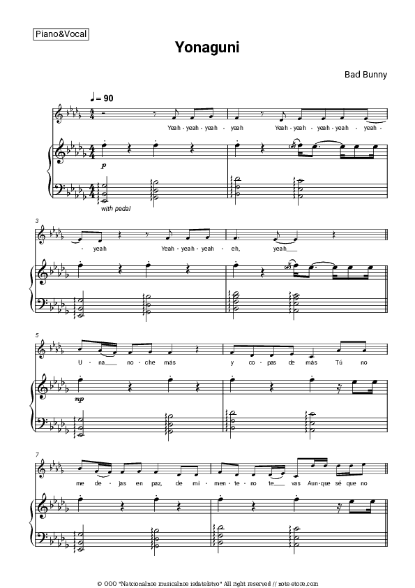 Yonaguni - Bad Bunny Piano Sheet Music with the Voice part - Piano&Vocal