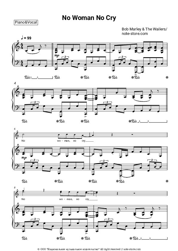 No Woman, No Cry - Bob Marley, The Wailers Piano Sheet Music with the Voice part - Piano&Vocal