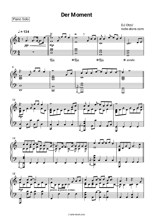 Der Moment - DJ Ötzi Piano Sheet Music - Piano.Solo