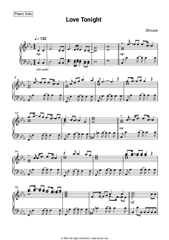 Love Tonight - Shouse Piano Sheet Music - Piano.Solo