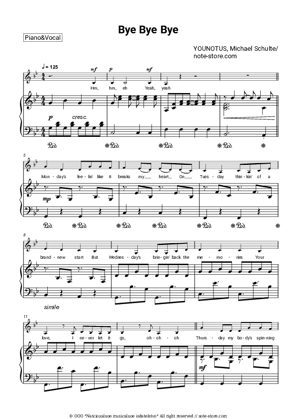 Bye Bye Bye - YOUNOTUS, Michael Schulte Piano Sheet Music with the Voice part - Piano&Vocal