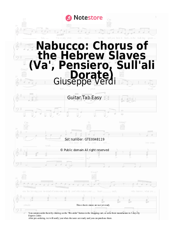 Nabucco: Chorus of the Hebrew Slaves (Va', Pensiero, Sull'ali Dorate) - Giuseppe Verdi Tabs Easy - Guitar.Tab.Easy