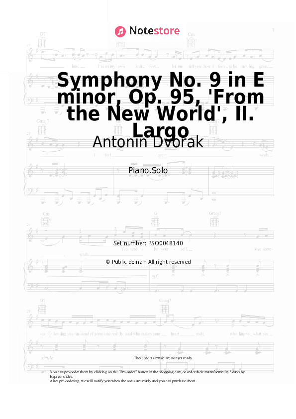 Symphony No. 9 in E minor, Op. 95, 'From the New World', II. Largo - Antonin Dvorak Piano Sheet Music - Piano.Solo