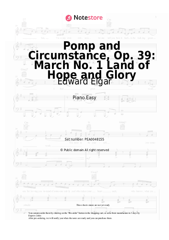 Pomp and Circumstance, Op. 39: March No. 1 Land of Hope and Glory - Edward Elgar Piano Sheet Music Easy - Piano.Easy