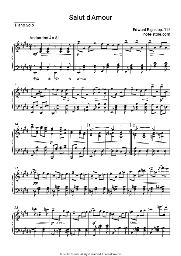 Salut d'Amour Op.12 - Edward Elgar Piano Sheet Music - Piano.Solo