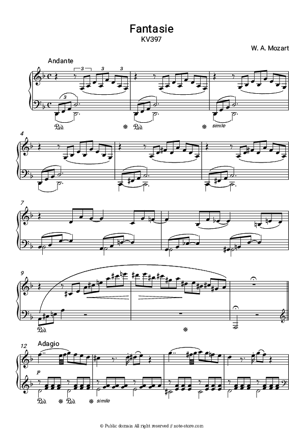 Fantasia in D Minor, K.397 - Wolfgang Amadeus Mozart Piano Sheet Music - Piano.Solo