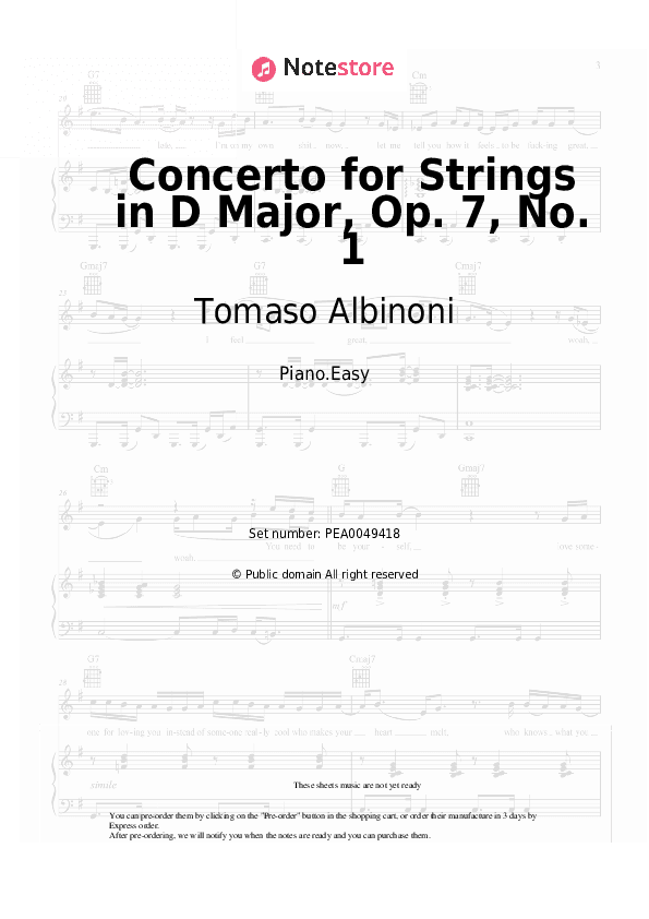 Concerto for Strings in D Major, Op. 7, No. 1 - Tomaso Albinoni Piano Sheet Music Easy - Piano.Easy