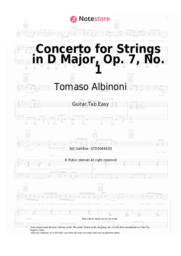 Concerto for Strings in D Major, Op. 7, No. 1 - Tomaso Albinoni Tabs Easy - Guitar.Tab.Easy