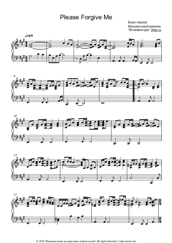 Please Forgive Me - Bryan Guy Adams Piano Sheet Music - Piano.Solo