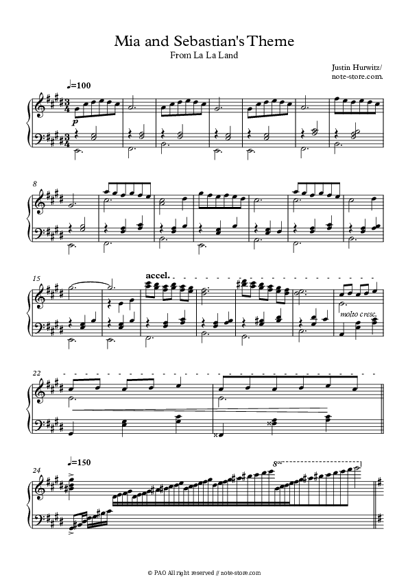 Mia And Sebastian's Theme - Justin Hurwitz Piano Sheet Music - Piano.Solo