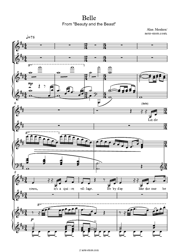 Belle - Alan Menken Piano Sheet Music with the Voice part - Piano&Vocal