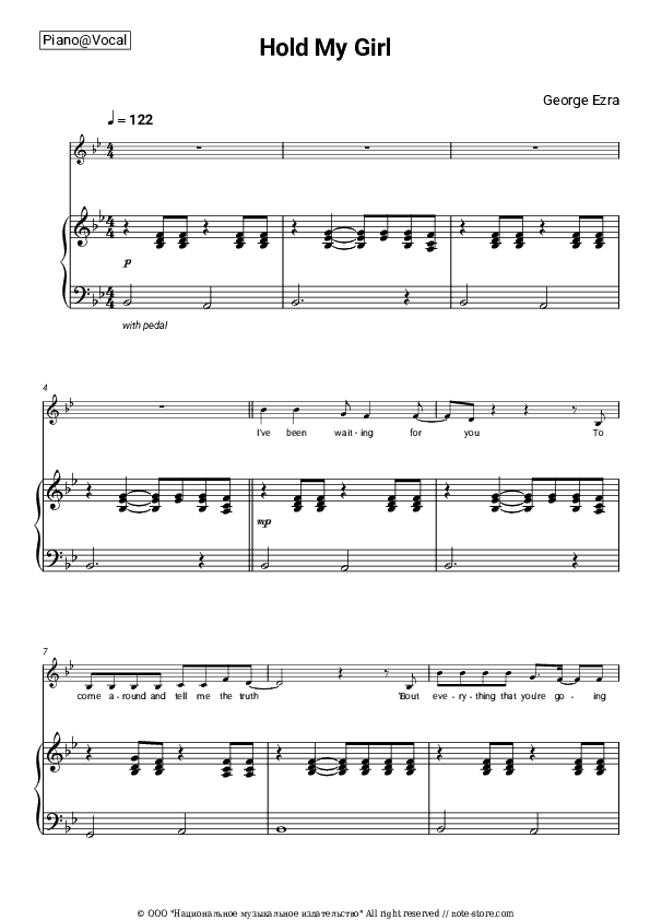 Hold My Girl - George Ezra Piano Sheet Music with the Voice part - Piano&Vocal