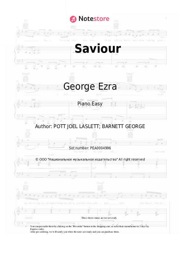 Saviour - George Ezra, First Aid Kit Piano Sheet Music Easy - Piano.Easy