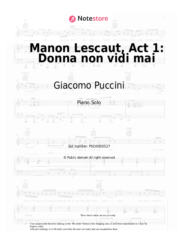 Manon Lescaut, Act 1: Donna non vidi mai - Giacomo Puccini Piano Sheet Music - Piano.Solo
